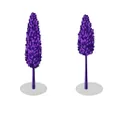 Two stylized purple trees with dense foliage on white circular bases, set against a plain white background.