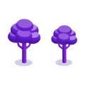 Two stylized purple trees with round canopies and simple trunks, set against a white background.