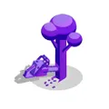 Illustration of a purple chainsaw cutting a purple tree, with wood chips scattered on the ground.
