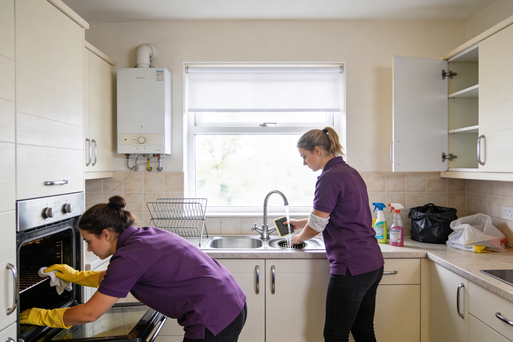 Team Of Female Cleaners Deep Cleaning Kitchen