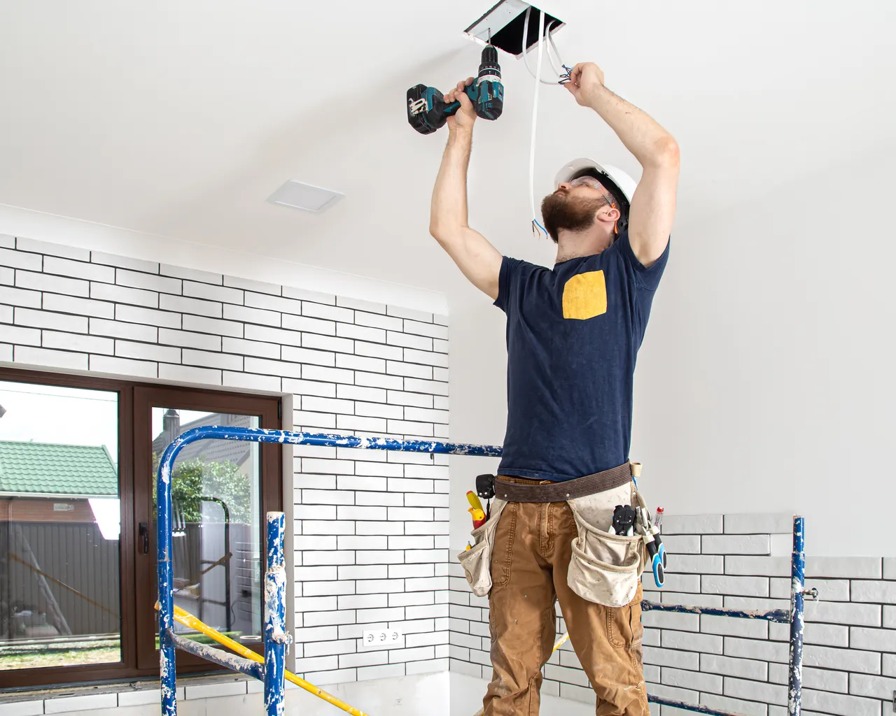 Electrician Builder Work Installation Lamps Height Professional Overalls With Drill Repair Site