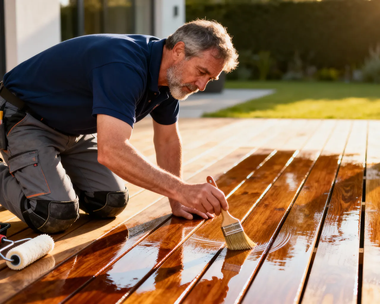 Painter Apply Oil To Decking
