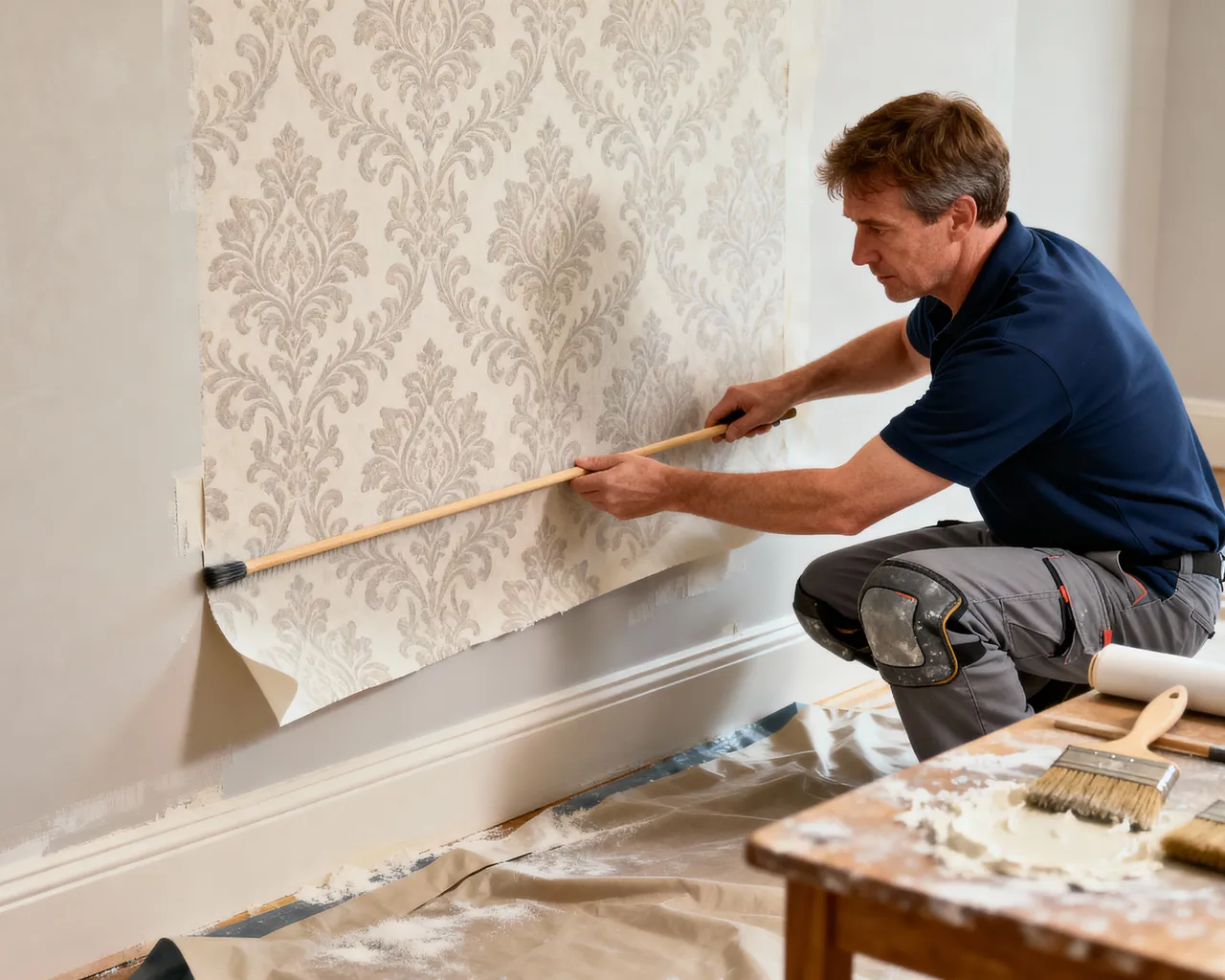 Painter Wallpapering Wall