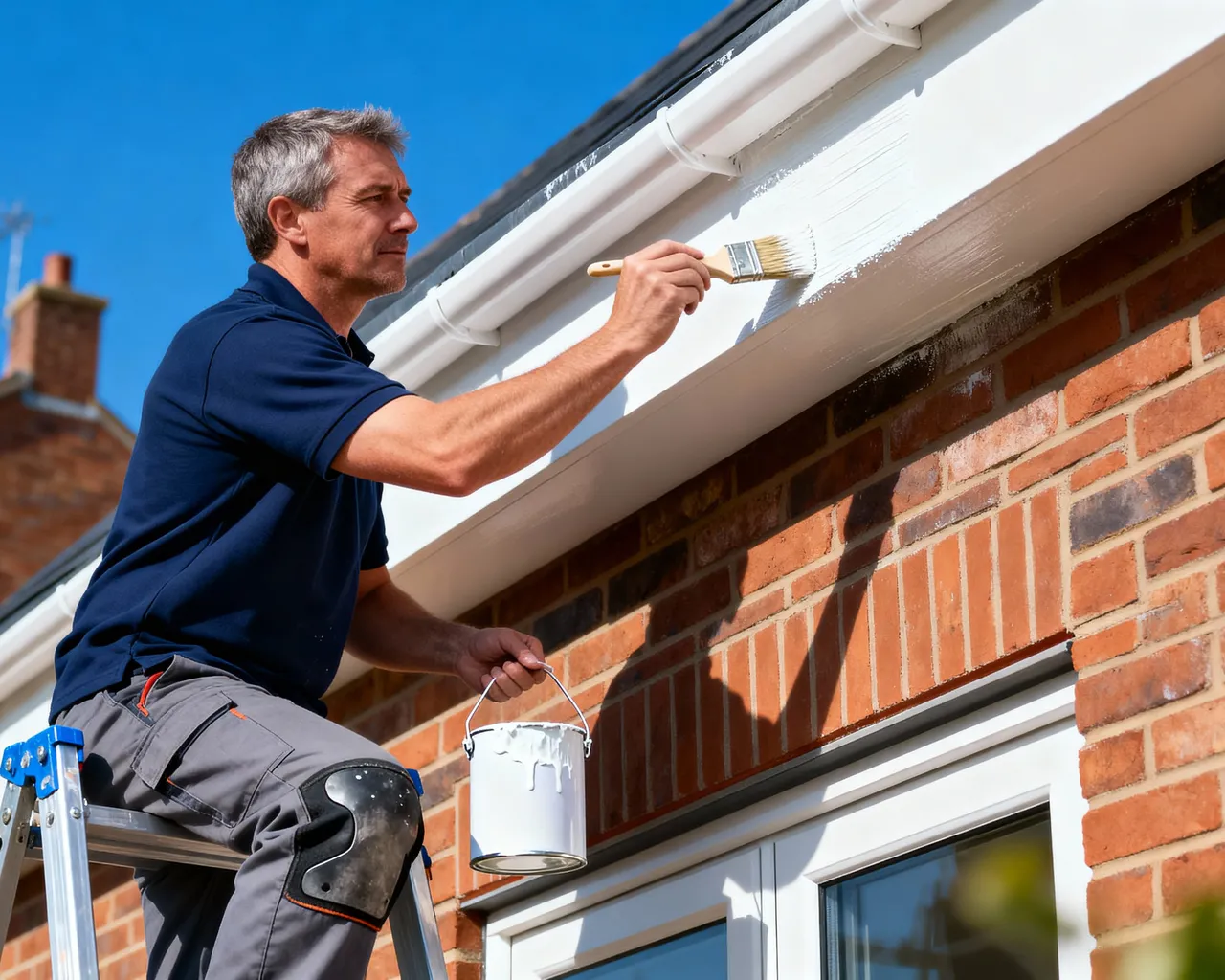 Painter Up Ladder Painting Soffit And Fascia