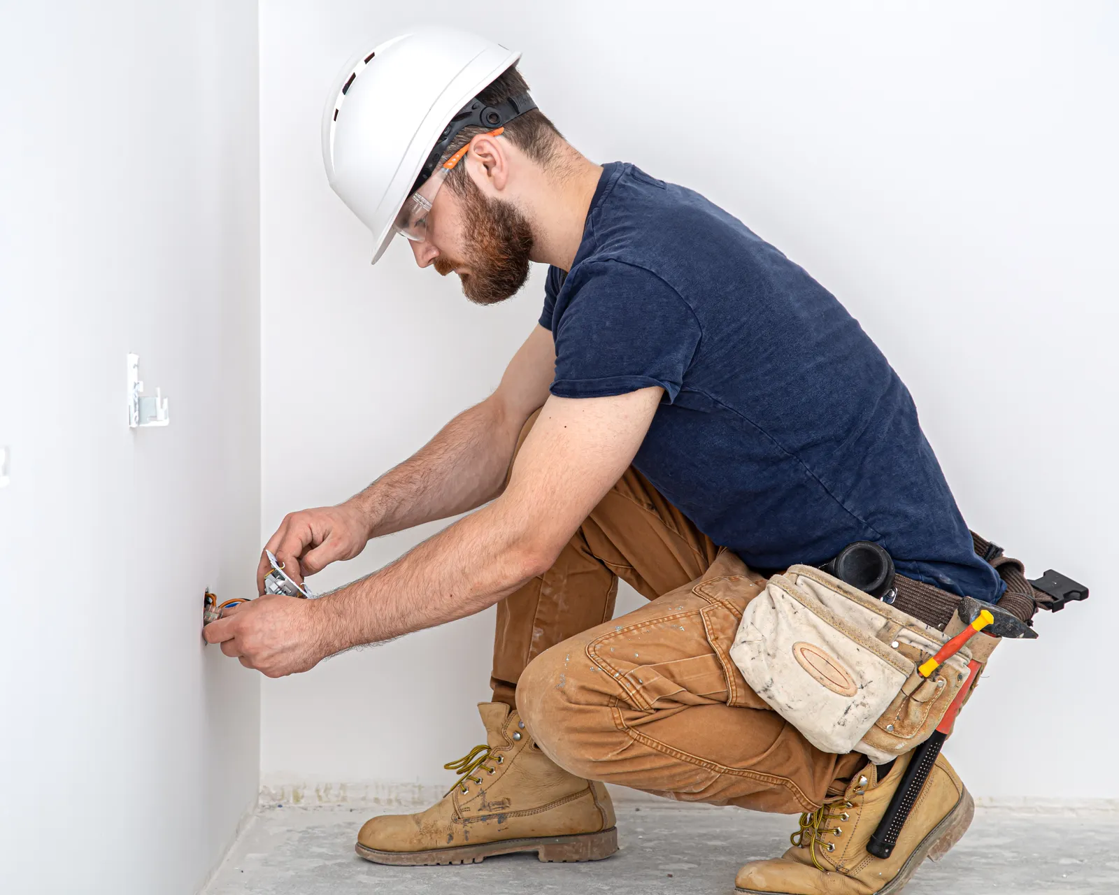 Professional Overalls With Electrician S Tool White Wall Background Home Repair Electrical Installation Concept