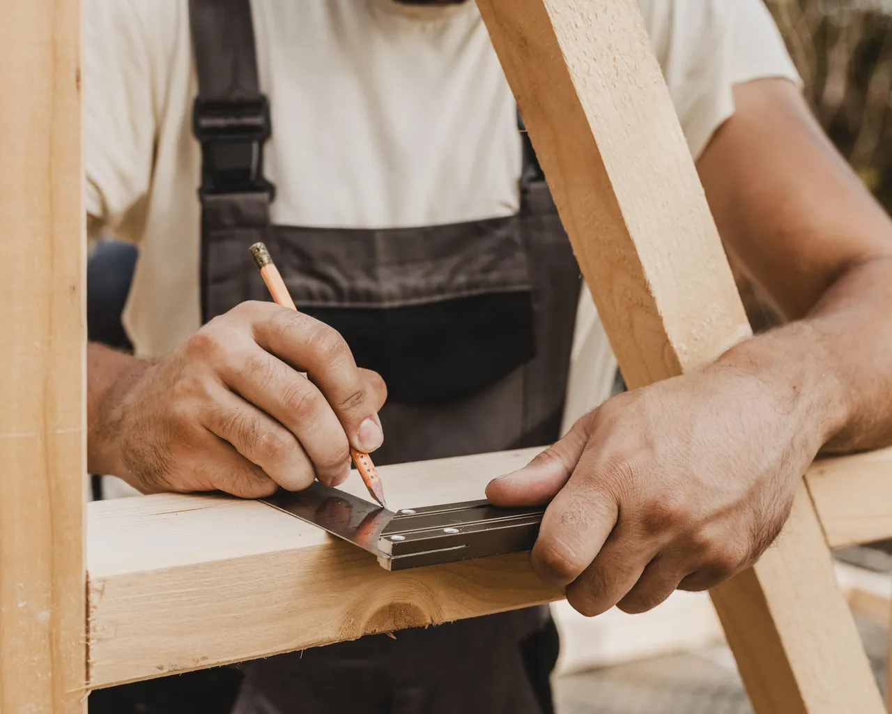 Carpenter Taking Measures Wood