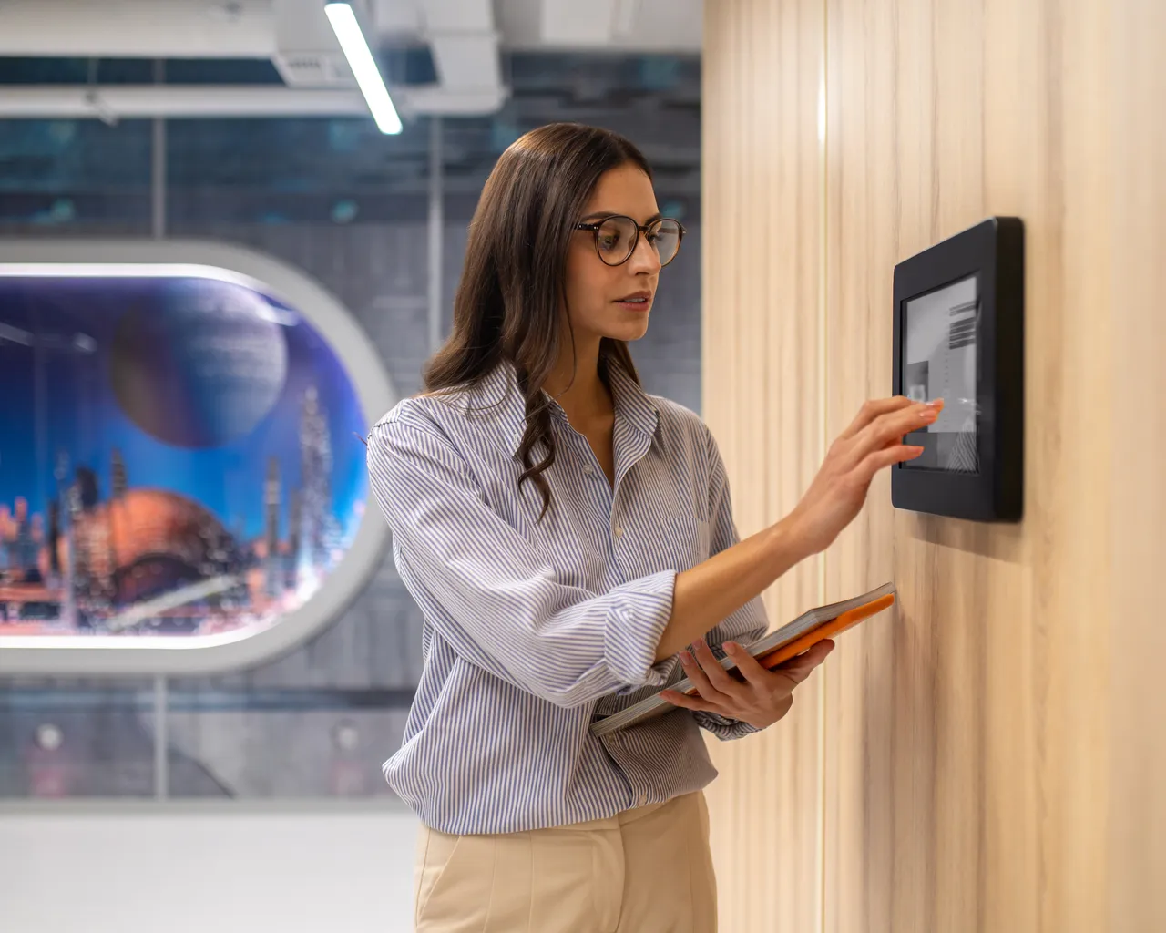 Woman Touching Control Panel Wall Corridor