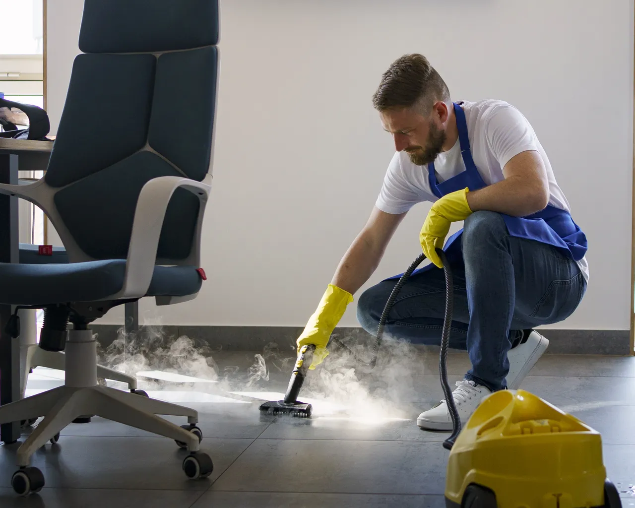 Professional Cleaning Service Person Using Steam Cleaner Deep Clean